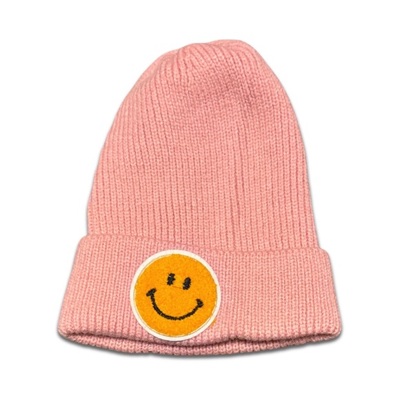 Smiley Face Pink Ribbed Knit Winter Hat - Picture 2 of 10